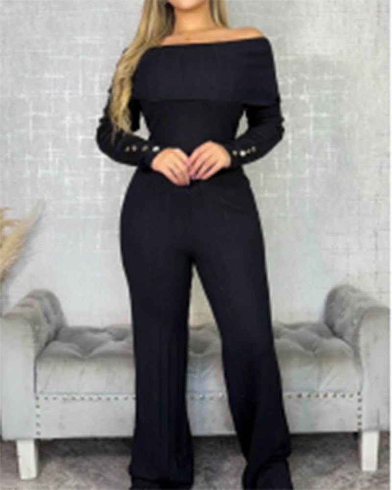 Womens 2 Piece Outfits Off Shoulder Long Sleeve Foldover Top and Wide Leg Pant Lounge Set Ribbed Casual Matching Set - Image 3