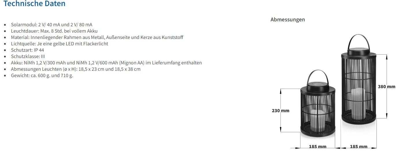Esotec Solar Metall Außenlaternen Dekoleuchten Sara, 2er Set, LED Tischleuchte, Akku, Led Kerzen Flackerlicht, Solarleuchte, Standleuchte, draußen, outdoor, schwarz, 102162