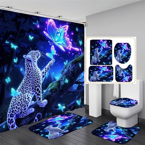 jieprom 4 PCS Leopard and Butterfly Shower Curtain Set with