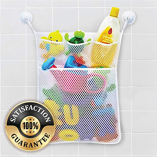 Eutuxia Bath Toy Organizer, Quick Dry Hanging Mesh Net Bathtub Storage With 4 Pockets & 4 Adhesive Hooks For Kids Toys And Bathroom Essentials. Shower Caddy For Decor, Fun, Educational, 19.76" X 14" #TOP6