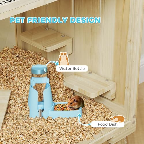 PawHut Wooden Hamster Cage with Legs, Gerbil Cage with Seesaw, Hut, Water Bottle & Food Dish, Hamster Habitat for Syrian, Dwarf, Mouse, 28" x 16" x 29.5", Nature Wood - Image 5