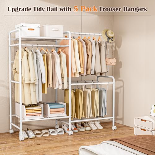 Casavibe Heavy Duty Clothes Rail with Wheels, 125KG Metal Clothing Rack with Trouser Rack, Top Shelf, 4 Hooks & 5 Trouser Hangers, Sturdy Wardrobe Clothes Rail for Bedroom Hallway Shop White