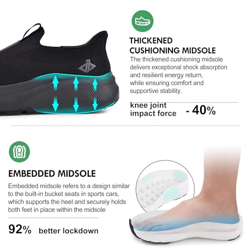 JACKSHIBO Mens Slip in Free up Hands Shoes Wide Toe Box Arch Support Fashion Trainers Orthopedic Walking Sneakers Cushioned Thick Zero Drop Sole Metatarsal Pads Black Size 7 - Image 6
