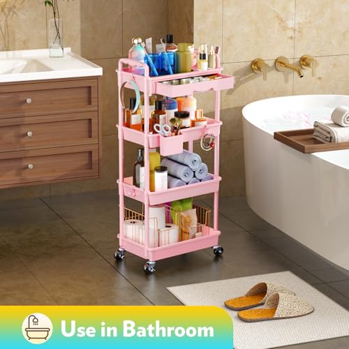 Image of SUNALLY Makeup Cart Organizer with Drawer, 4 Tier Rolling Makeup Cart, Pink