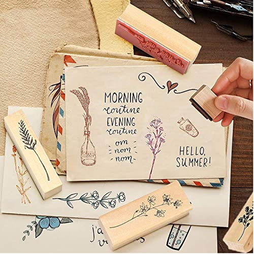 Yayatty 8 Pcs Vintage Wooden Rubber Stamps With 5 Pcs Craft Ink Stamp Pads Set, Wooden Plant Stamps Set Vintage Rubber Stamps For Crafting For Diy Craft, Letters Diary And Craft Scrapbooking #TOP4
