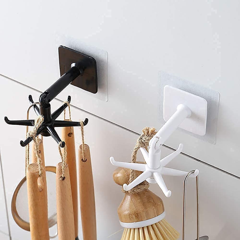 NOBILEA Folding Hook Self-Adhesive 180 Degrees Vertical and 360-Degree Rotating 5 Claw Hooks for Bathroom, Kitchen, Office etc.. (Black & White)(Pack of 4) 1