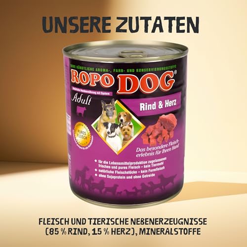 ROPODOG Hundefutter Nassfutter 6×800 g für Erwachsene Hunde Aller Rassen Premium Qualität getreidefrei, proteinreich, gut verträglich – Vollnahrung im Vorratspack (Rind & Herz)