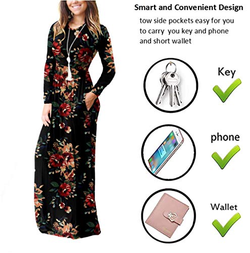 PCEAIIH Women's Long Sleeve Floral Printed Dress Loose Plain Maxi Dresses Casual Long Dresses with Pockets(FP-Brown Black M)