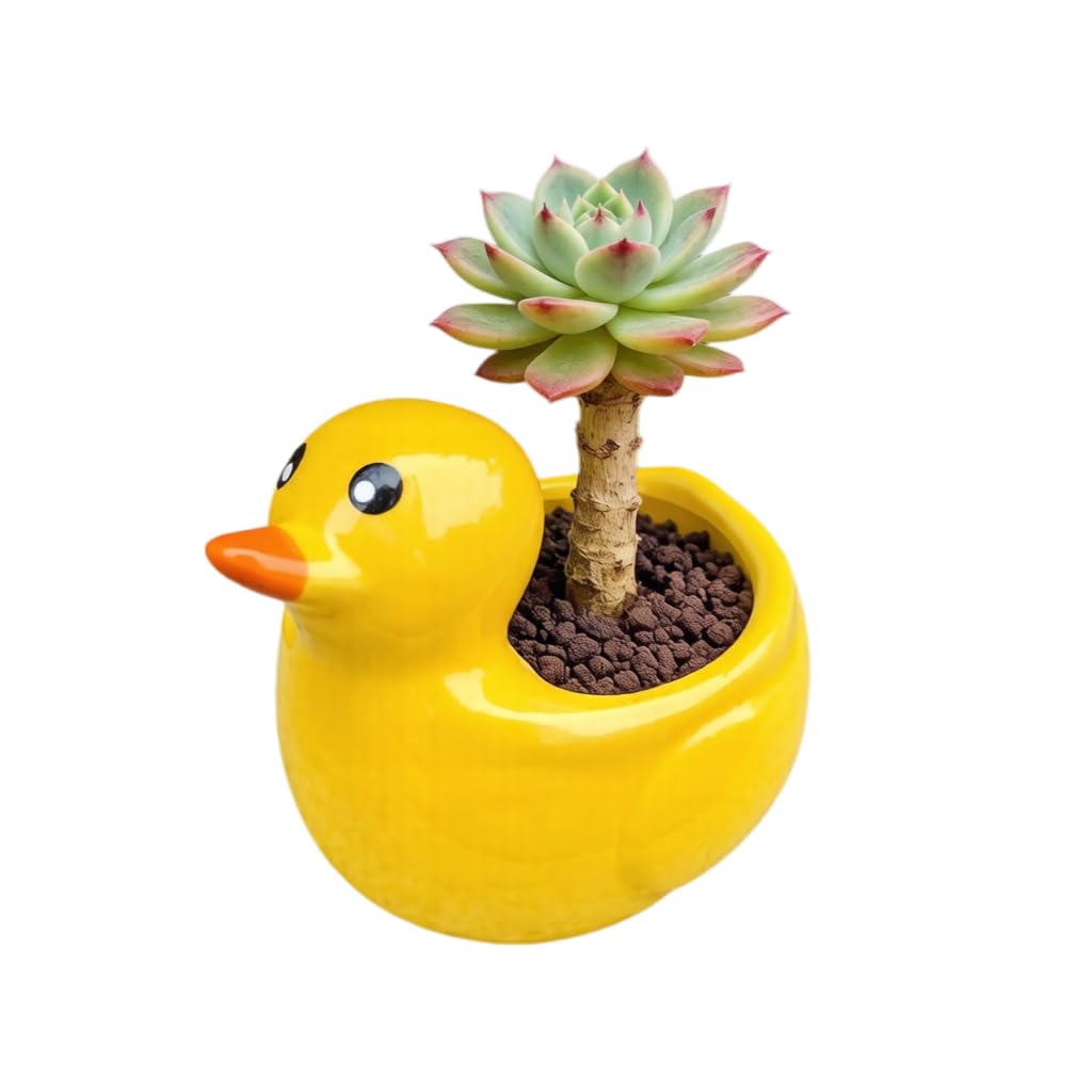 SJBAG Mini Duck Ceramic Planter, Small Animal Succulent Pot, Cute Flower Container with Drainage Hole for Home Office Desk Decor，4.5" Yellow — image 1
