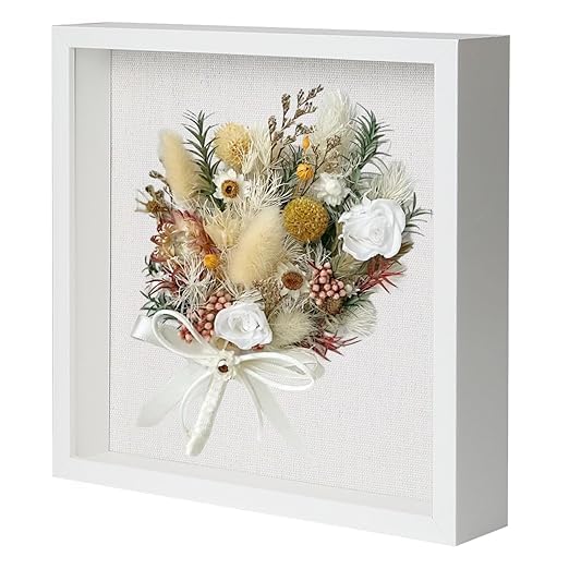 10x10 Shadow Box Picture Frame with Linen Board - Deep Wood & Glass Display Case Ready to Hang Perfect to Display Baby & Sports Memorabilia, Pins, Awards, Medals, Tickets and Photos (White)