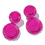 Boho Raffia Stainless Steel Dangle Earrings Beaded - Handm ade Tropical Flower Earrings for Summer Beach Vacation (HOT PINK)