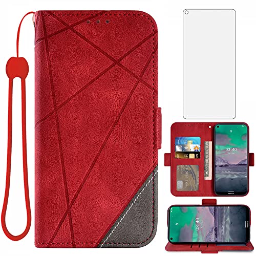 Asuwish Compatible with Nokia 3.4 Wallet Case and Tempered Glass Screen Protector Leather Rugged Flip Cover Lanyard Card Holder Stand Cell Accessories Phone Cases for Nokia3.4 TA-1285 Women Men Red