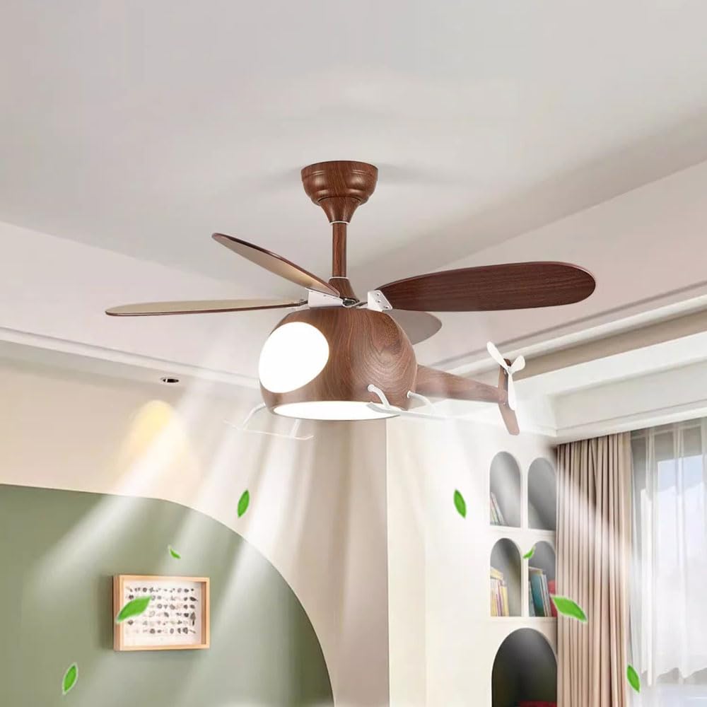 Children's Bedroom Ceiling Fan With Lights,Dimmable Kids Room Cartoon Ceiling Fan Lamp,Helicopter Model Wood Grain Airplane Pendant Light Decoration