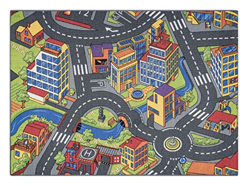 Rebel Roads Teppich Town Life 97 Großstadt, Straßen rutschfest für Kinder - grau 140x200 cm