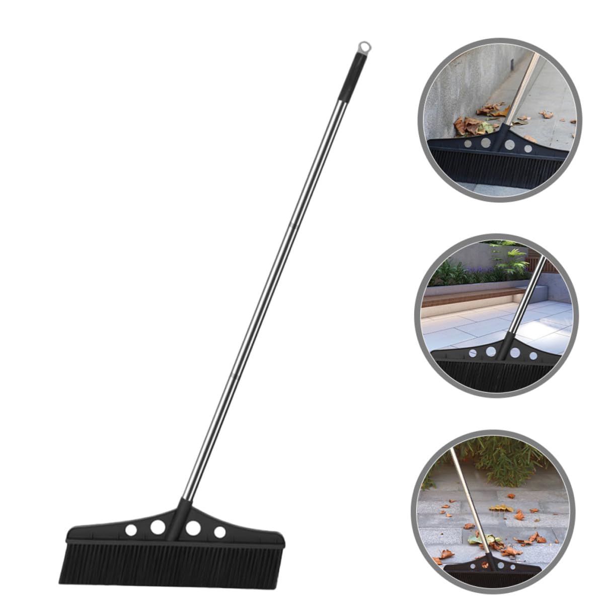 Scopa da Giardino Larga e Resistente con Manico Ergonomico e Impugnatura Comoda, Scopa Spazzatrice Nera in Acciaio Inossidabile e Nylon, per Esterni e Deck