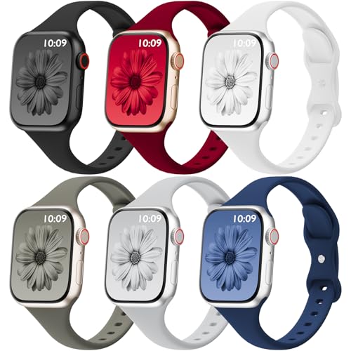 Image of 6 Pack Thin Silicone Compatible with Apple Watch Bands Women Men | Sport Strap Narrow Wristband for iWatch 38mm 40mm 41mm 42mm 44mm 45mm 46mm 49mm Series 11 10 9 8 SE 7 6 5 4 Ultra 3 2 1