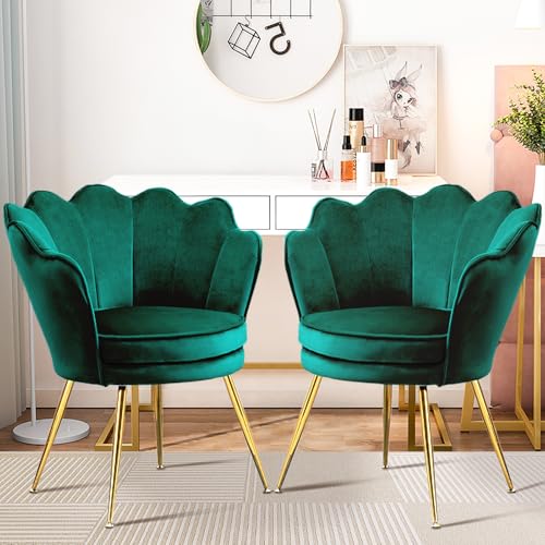Czlolo Accent Chairs Set of 2, Velvet Vanity Chair with Back, Mid-Century Modern Small Accent Chair for Living Room, Golden Metal Legs Upholstered Makeup Chair, Bedroom Armchair, Emerald Green