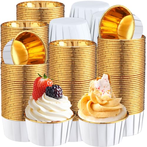 Image of 600 Pack White Gold Cupcake Liners Bulk Disposable Foil Muffin Cup