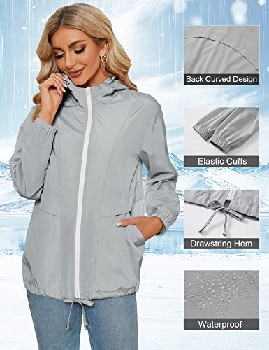 Tisfeer Outdoorjacke Damen Wasserdicht Atmungsaktive Regenmantel Windbreaker Wandern Reisen Fahrrad Regenjacke(Grau,XL)