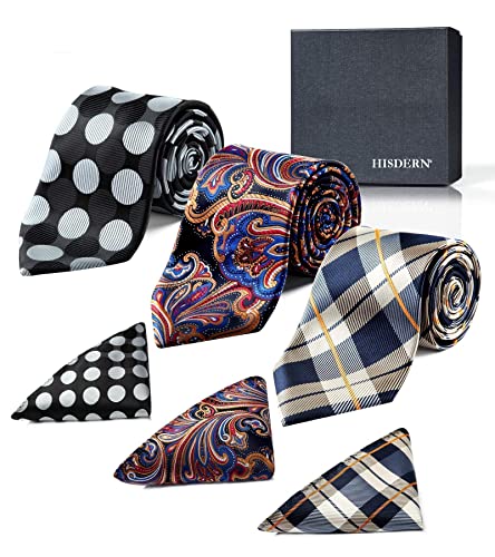Image of HISDERN Mens Ties and Pocket Square Set Business Elegant Ties for Men Classic Lot 3 Pcs Wedding Party Neckties & Handkerchief