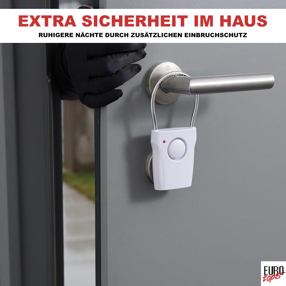 EUROtops Alarm électronique pour poignée de porte – Lot de 2, Alarme de porte et fenêtre avec 110 dB/Carillon, 1500 heures d'autonomie de la batterie, capteur tactile pour la maison/chambre d'hôtel