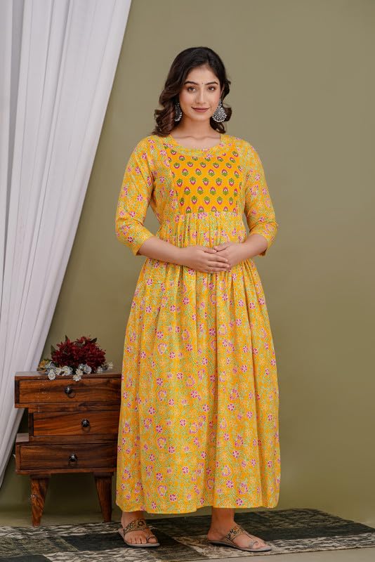 Image of Women's Pure Cotton Printed Maternity Gown /Maternity wear /Feeding Gown A-line Maternity Feeding Dress Maternity Kurti Gown for Women