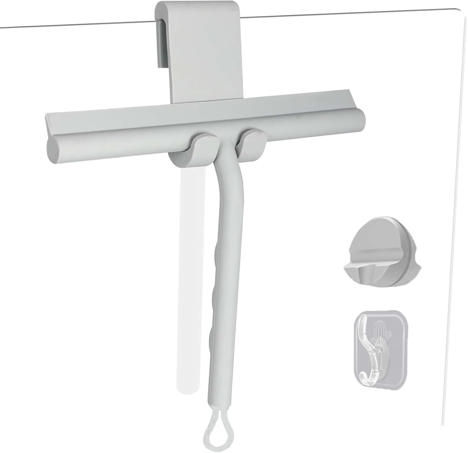 Squeegee for Shower Glass Doors, Resilient Loop - No-Drill &amp; Adhesive Hook, Silicone Shower Squeegee with Stainless Steel Core, Cleaning Tool for Home, Kitchen, Bathroom &amp; Car - Grey