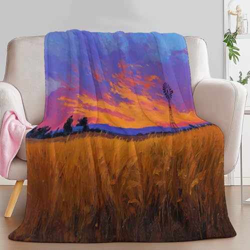 Genérico Manta Franela para Cama Azul-Morado, Ultra Suave Mantas Estampado Atardecer Campo Plantas Naturaleza para Sofa 180 x 200 cm - Cálida y Acogedora para Cama Sofá Oficina Coche Viajes Camping