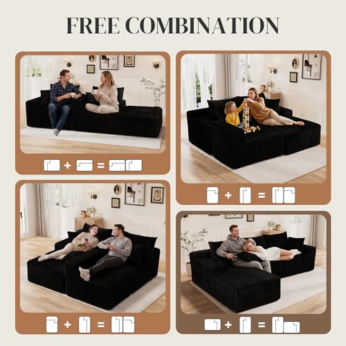 Image of 110 inch L Shaped Cloud Boneless Sectional Couches for Living Room, Modern Comfy Modular Deep Seat Memory Foam Compressed Corduroy Sofa Oversized Left Facing Chaise, No Assembly Required, Balck