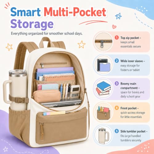 Image of LOIDOU Backpack for Girls School Backpacks Bookbags for Elementary Middle School Women Laptop Backpacks (Brown Beige, L-17)