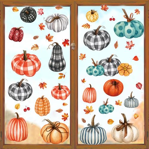 Thanksgiving Window Stickers, Pack of 98 Window Stickers Autumn Self-Adhesive Maple Leaves Pumpkin Window Decoration Autumn for Thanksgiving Autumn Decoration