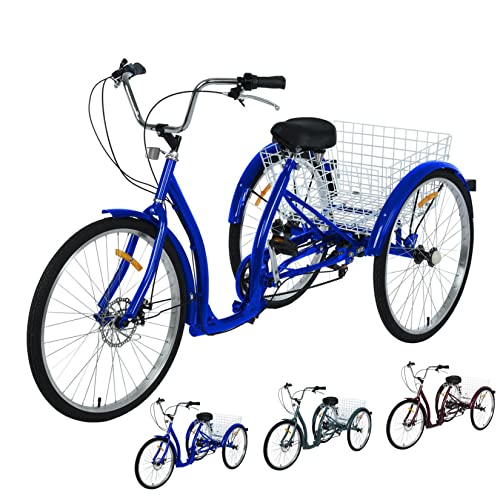 3 Wheel Bikes for Adults, 6-Speed Adjustable Adult Tricycle, 26 Inch Wheel Complete Cruiser Bikes with Cargo Basket, 350 LB Load Trike Bike Womens Bike Mens Bike with Adjustable Seat (Blue)