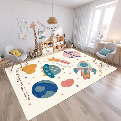 Image of ABREEZE Large Play Mat, Faux Wool Kids Play Area Rugs 5' x 6.6' Kids Nursery Door Mat Soft Plush Non-Slip Childrens Carpet for Bedroom Living Room Playroom, Space