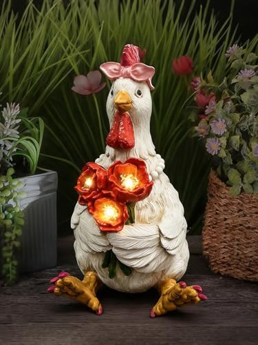 LFLKPY Solar Chicken Garden Decor with LED Light (5 W x 5.5 L x 8.5 H) Cute Outdoor Hen Statue for Yard Patio Lawn Chicken Outdoor Decor Solar Yard Decoration Housewarming Gifts