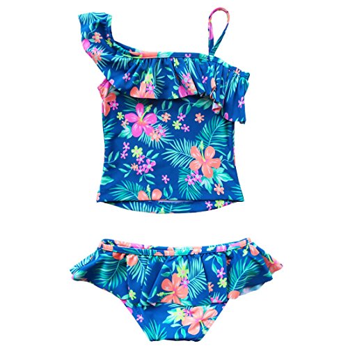 Kids Girls Swimsuit Floral Swimwear Cute 2PCS Tankini One Shoulder Straps Ruffled Tops Bottoms Bathing Suit2