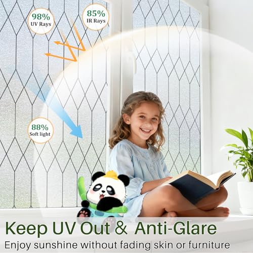 Image of Windimiley Window Privacy Film Stained Glass Static Clings, Bathroom Frosted Leaded Decorative Window Stickers, UV Heat Blocking Opaque Removable for Home Door Coverings (17.5 x 78.8in,Pure)