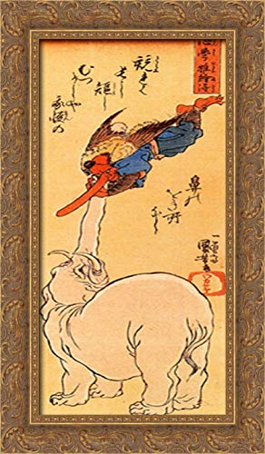 Elephant Catching A Flying Tengu 14x24 Gold Ornate Wood Framed Canvas Art by Utagawa Kuniyoshi