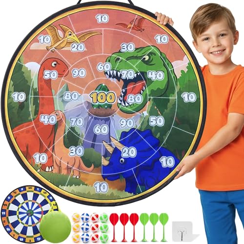 Jumbo Kids Dartscheibe XL oder XXL große Klett-Dartscheibe mit wendbaren Designs 16 Klettbälle und 6 Darts Spiele für drinnen und draußen für Kinder von 3 bis 8 Jahren (Dinosaurier-1 73cm)