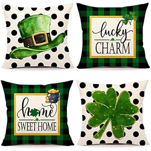 4TH Emotion St. Patrick's Day Pillow Covers 18x18 Set of 4 Green Black Spring Farmhouse Decor Shamrock Lucky Charm Home Sweet Home Holiday Decorations Throw Cushion Case for Home Decorations TH159 Cover