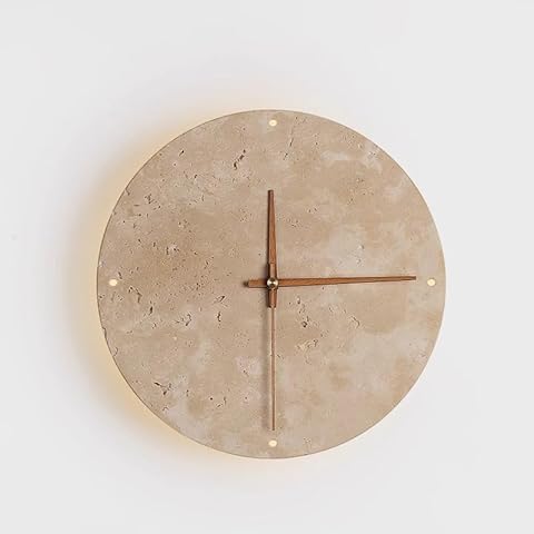 LINGCMP Nordic Modern Round Marble Wall Sconce Mid Century Natural Stone Hallway Wall Light Vintage Japanese Wabi Sabi Yellow Travertine Bedside Wall Lamp with Clock Hand for Farmhouse Living Room Cover