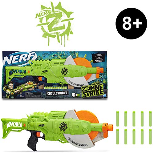 NERF Zombie Strike Ghoulgrinder Blaster -- Rotating 10-Dart Wheel, 10 Official Zombie Strike Elite Darts -- for Kids, Teens, Adults