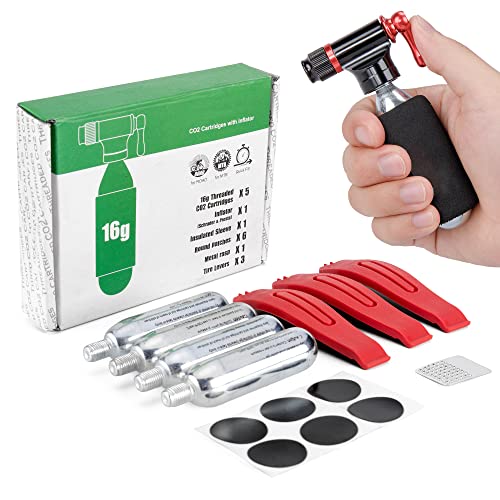 Kadacha CO2 Inflator Kit with 5 X 16g CO2 Threaded Cartridges- Presta & Schrader Valve Compatible -Portable CO2 Bike Tire Pump Come with Glueles Repair Kit for Road & Mountain Bike