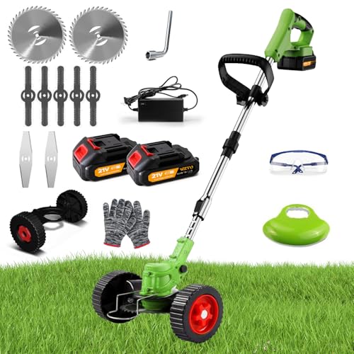 Cordless Grass Strimmer 21V, Electric Cordless Strimmer/Edger Telescopic Lightweight with Metal Blades, 2 X 2.0Ah Battery, with Removable Wheels, Garden Strimmer Cordless Grass Cutter for Lawn
