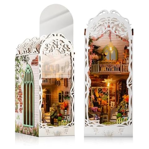 MUYOLO Book Nook Kit, 169Pcs 3D Garden House with Dust Cover DIY Booknooks Diorama with LED, Wooden Puzzle booknook Miniature House Kits Bookshelf Decorations Halloween for Adults Cover