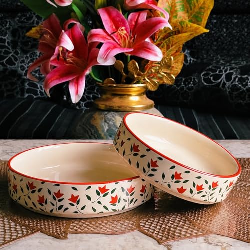 Image of Niyara Stoneware Handmade Ceramic Stylish Premium Serving Bowls /Salad Tray Microwave Dishwasher Safe (Red Leaf Bowl, with Gift Box & Candle)
