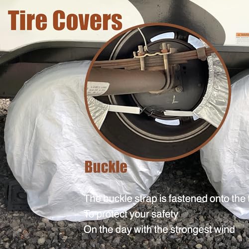 Image of Tire Covers 4 Pack, 30-32 Inch Waterproof Tire Covers for RV Camper Trailer | Protect RV tires from sun damage, cracking, dust, and weather during storage with durable covers featuring secure straps