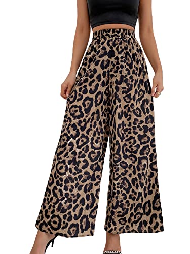 WDIRARA Women's Leopard Print Elastic High Waist Wide Leg Pants Casual Pants