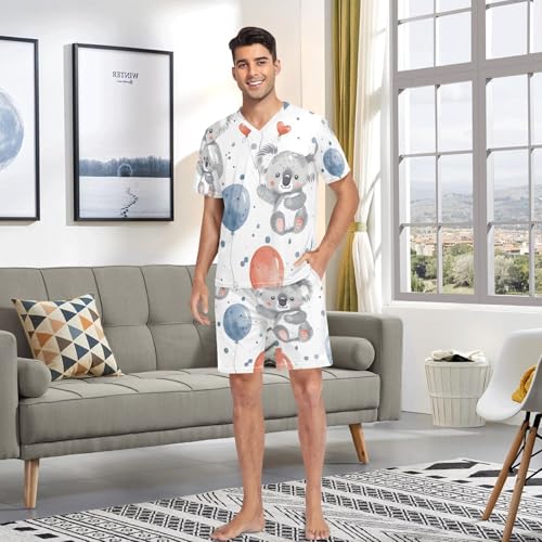 Men's Pajama Set Cartoon Koalas and Balloons Short Sleeve with Shorts Pockets Sleepwear Set Summer Loungewear4