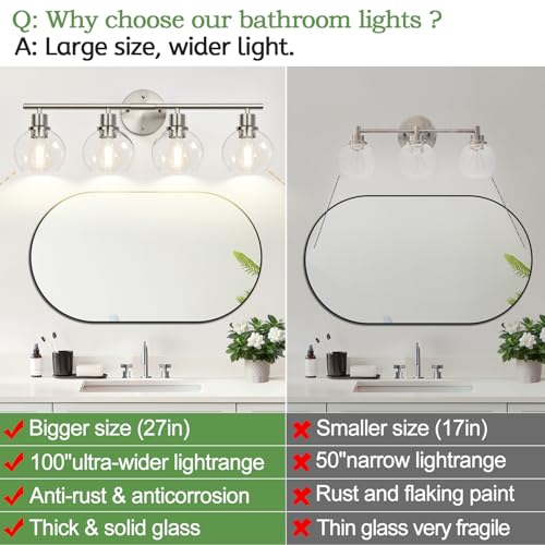 Image of Indoi 4-Light Bathroom Light Fixtures, Brushed Nickel Modern Vanity Lights Over Mirror with Clear Glass Globe Shade, Bathroom Wall Sconces for Mirror Kitchen Living Room Hallway Cabinet Bedroom Porch