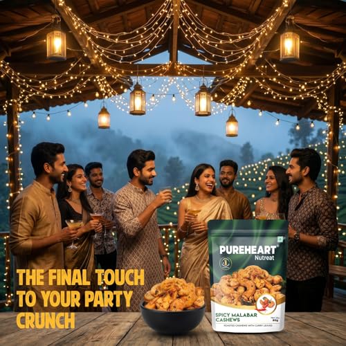 Image of Pureheart Spicy Malabar Cashews 80g | Roasted Masala Kaju with Curry Leaves | Premium Crunchy Flavored Cashew Nuts | Healthy Snack, Protein Rich Dry Fruits | Spicy Roasted Nuts Pack